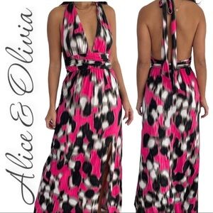 ALICE + OLIVIA Mena‎ Open Back Plunge Halter Maxi Dress, Size XS